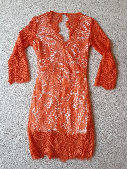 NWOT Short Lace Bright Coral Mini Dress - Picture 2 of 7